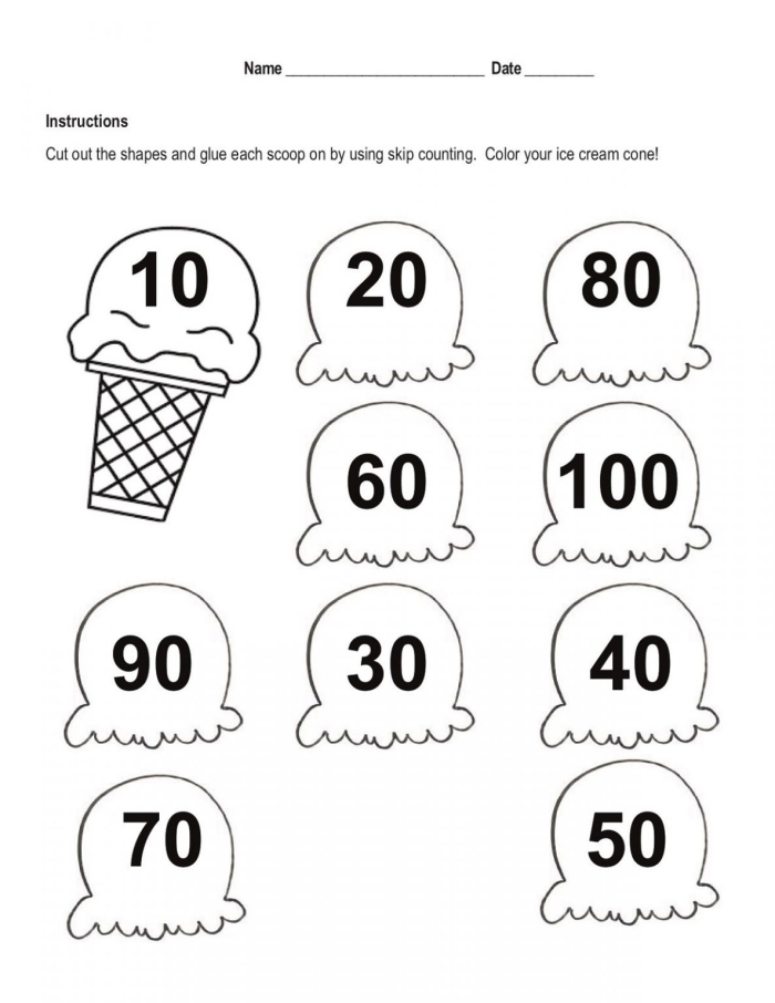 Worksheet for practicing skip counting by 10 with colorful visuals for kindergarten students