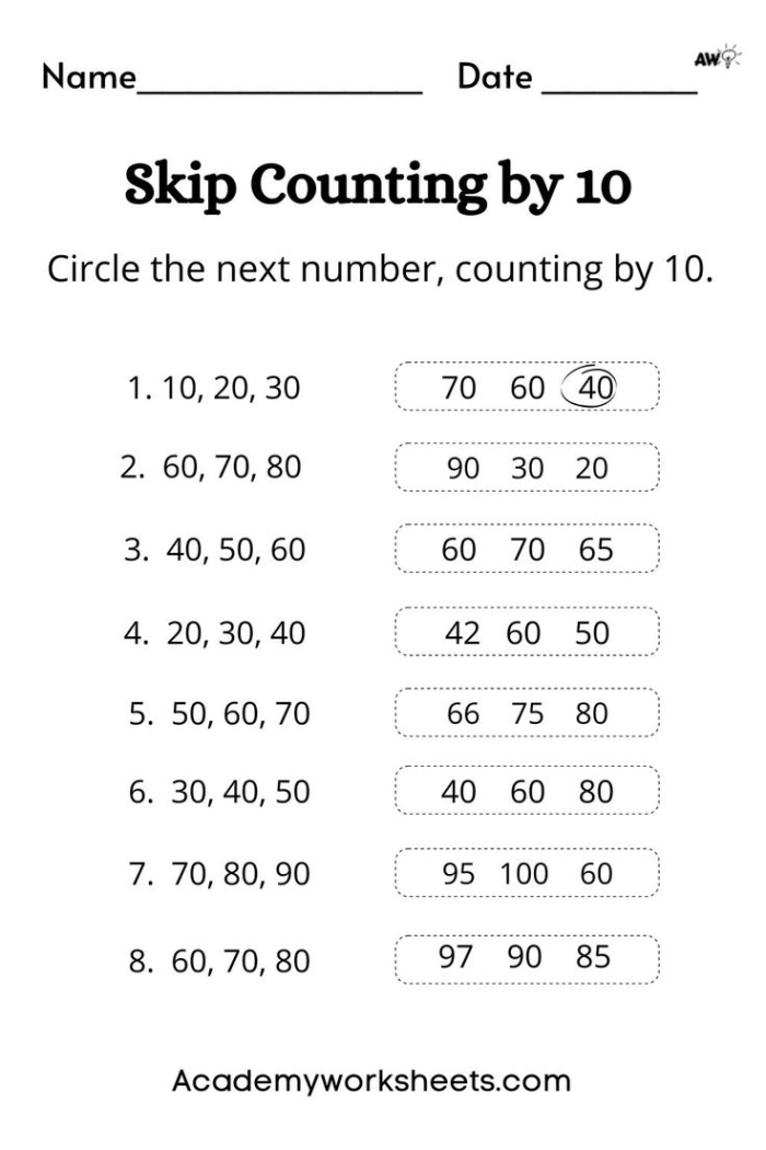 Worksheet for skip counting by tens with colorful visuals for kindergarten students
