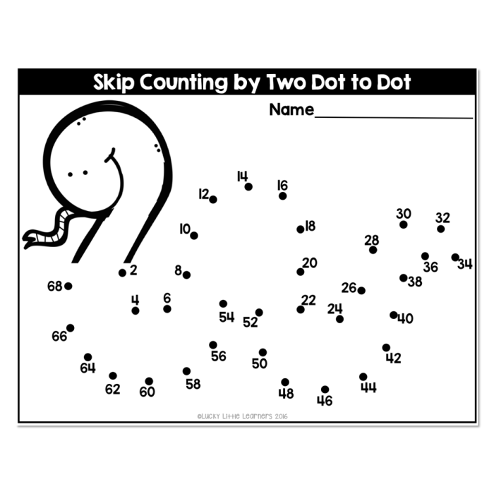 Counting by 2s dot to dot worksheet featuring a hidden picture reveal for children
