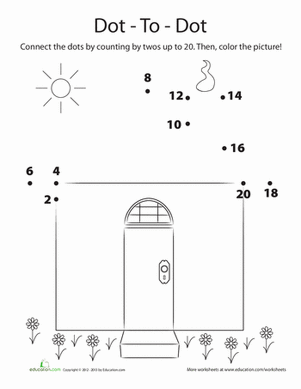 Counting by 2s dot-to-dot worksheet for kids featuring a hidden picture reveal
