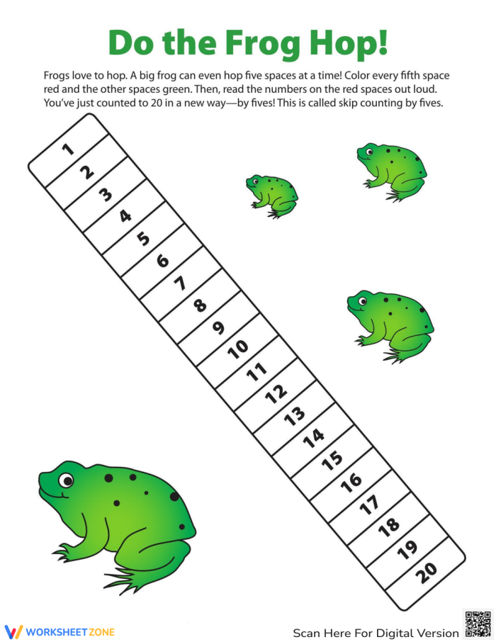 Second grade skip counting by 5 math worksheet featuring a frog hop number line