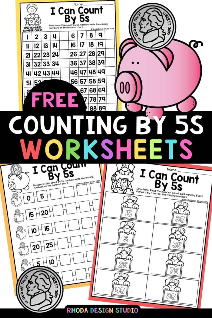 Kids practice counting by fives up to 100 on this engaging first grade worksheet. First grade math worksheet for skip counting by fives to enhance addition skills.