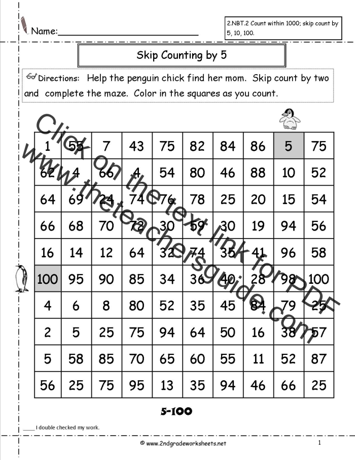 First grade worksheet featuring a fun maze where students count by 5s to solve the puzzle