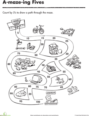 First grade math worksheet for students to practice counting by 5s while navigating a maze 12