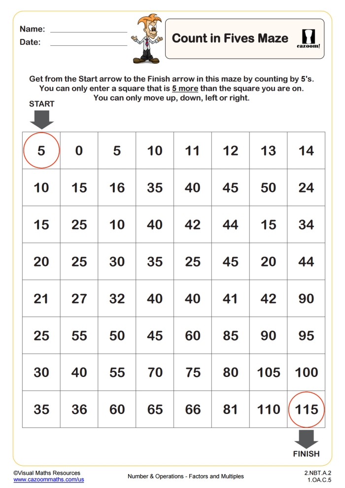 First grade worksheet featuring a maze where students count by 5's to find the correct path