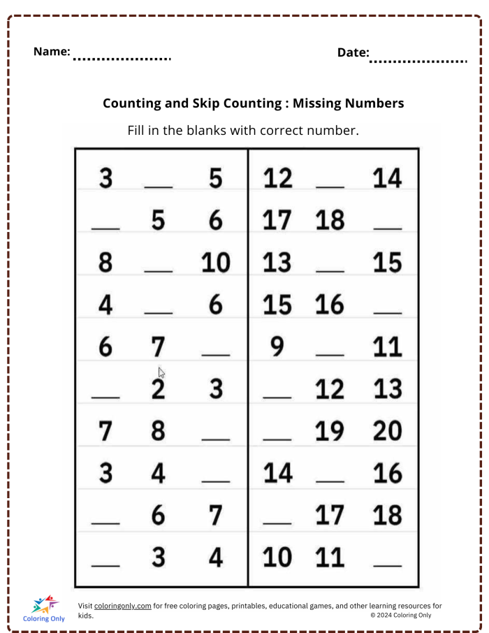A first grade student filling in missing numbers on a worksheet while practicing counting by fives up to one hundred