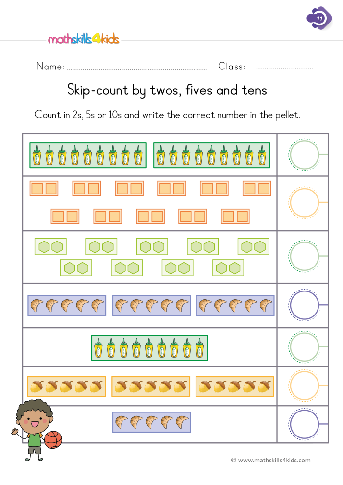 First grade student practicing math by filling in the missing numbers counting by fives to one hundred