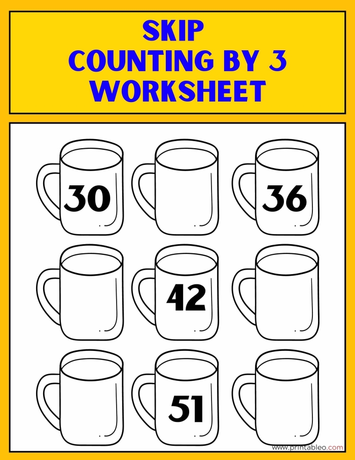 Skip counting practice worksheet for first grade students learning to count by twos, fives, and tens