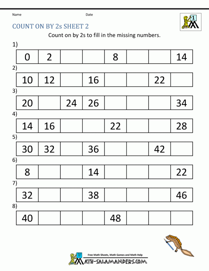 First grade math worksheet featuring colorful illustrations to help students practice skip counting by twos