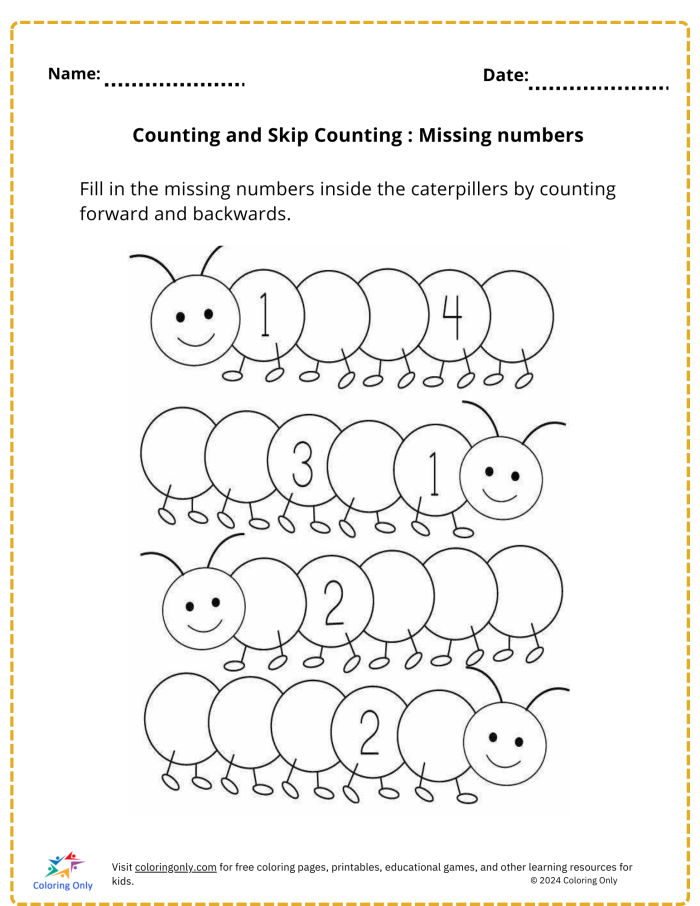 First grade math worksheet showing a number sequence with missing numbers to fill in while counting by twos up to one hundred