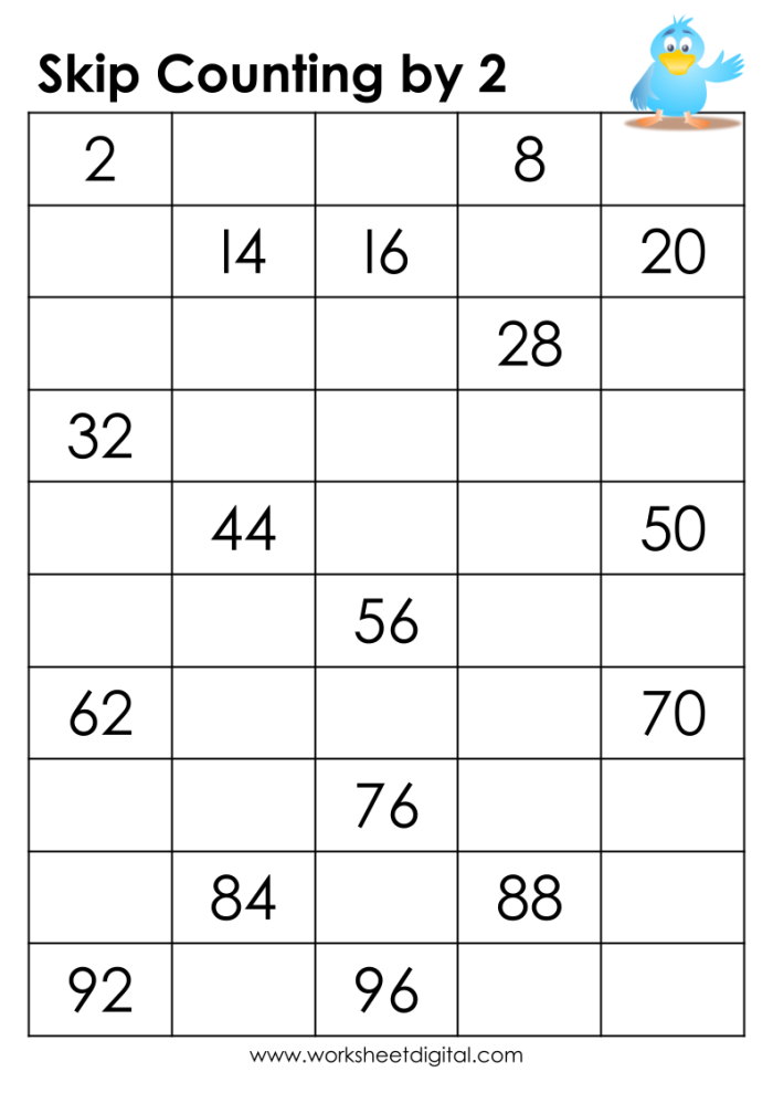Worksheet for practicing skip counting skills for second graders
