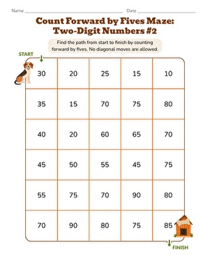 First grade student completing a skip counting by fives maze worksheet