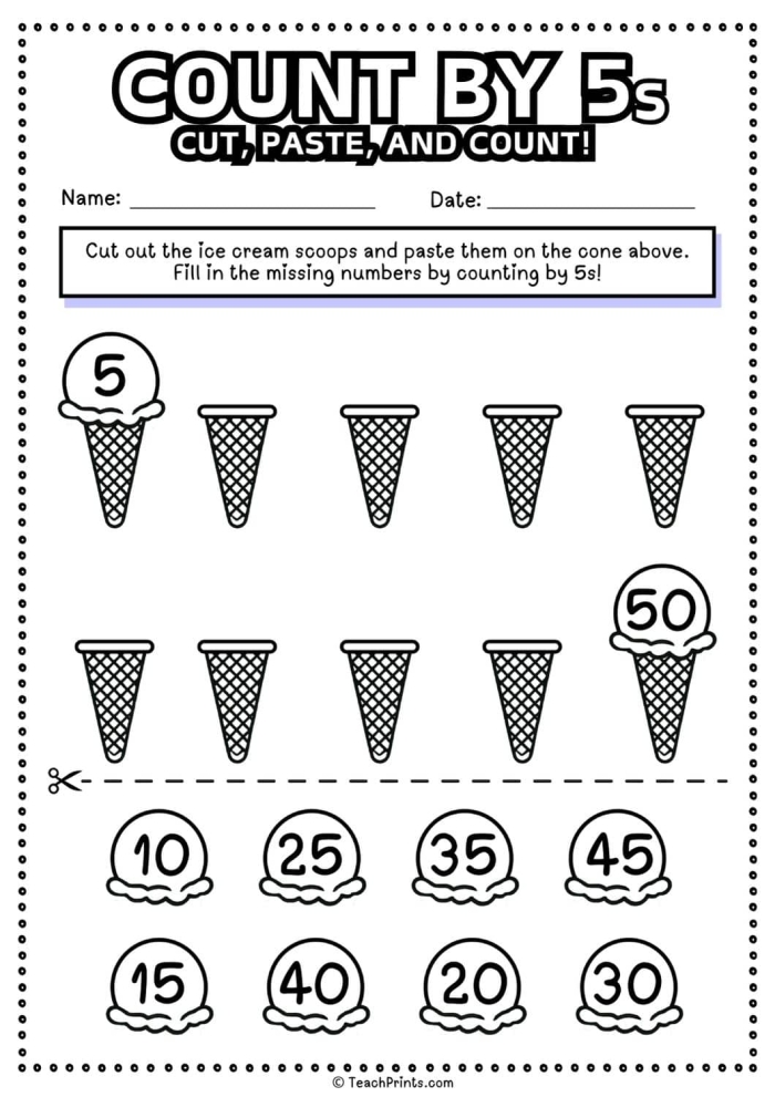 First grade math worksheet featuring skip counting by fives up to one hundred