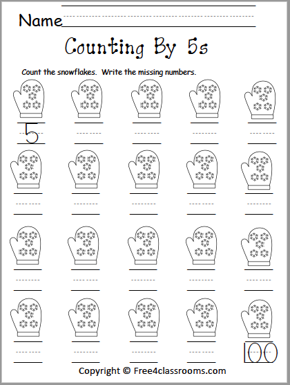 First grade math worksheet featuring skip counting by fives up to 100 for students