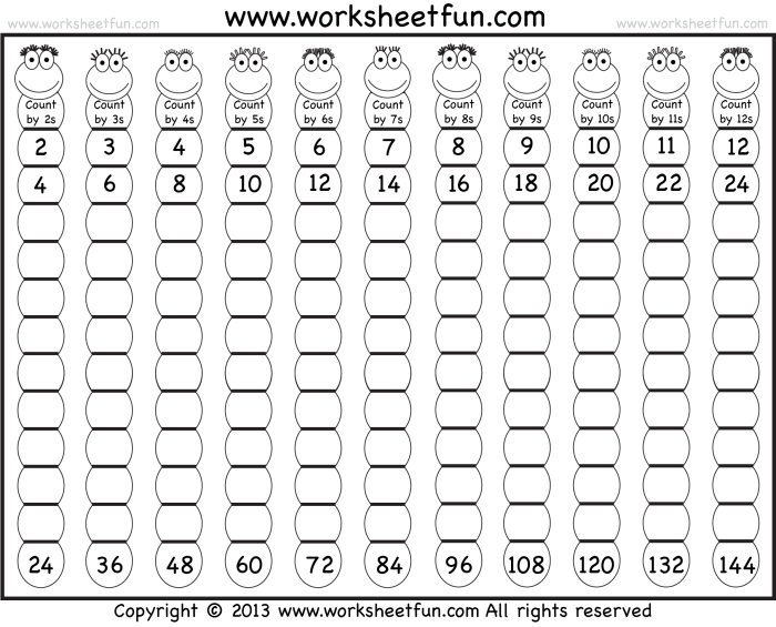 Skip counting practice exercise showing number sequences for first grade math learners