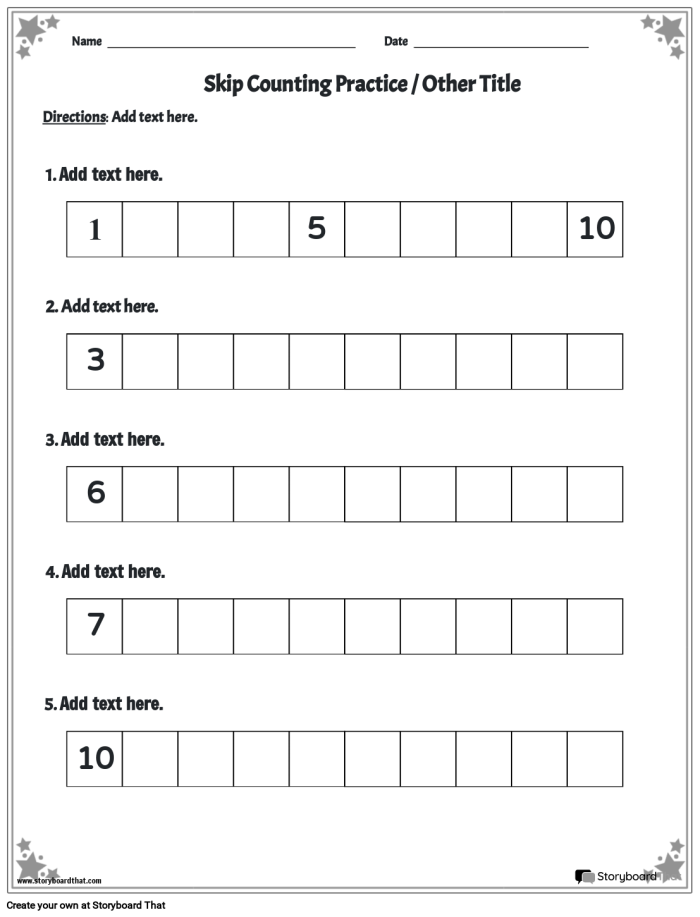First grade skip counting practice worksheet with number sequences for building multiplication foundations