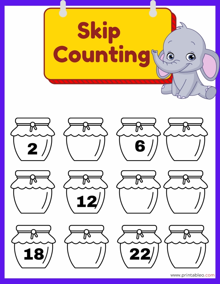 Skip counting worksheet designed for first graders, featuring engaging exercises to enhance number sense. Fun skip counting practice to support early multiplication skills in a sporty layout.