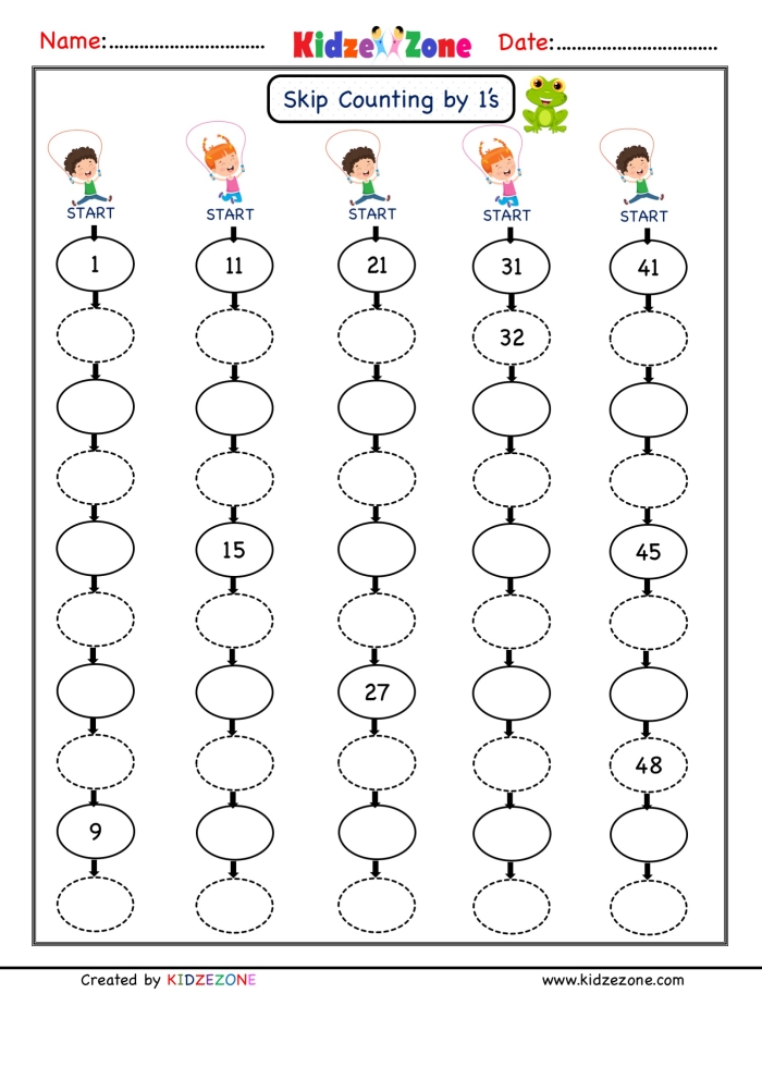 Skip Counting practice worksheet for first graders featuring fun sports graphics