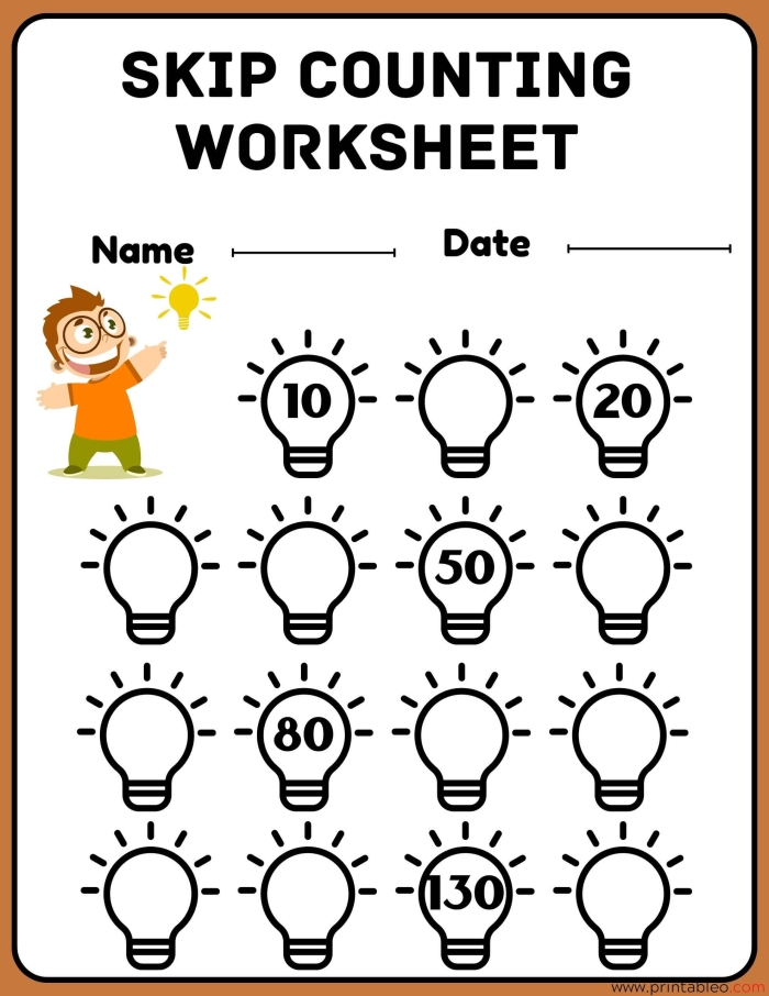 Colorful worksheet for first graders focusing on skip counting practice to enhance number sense