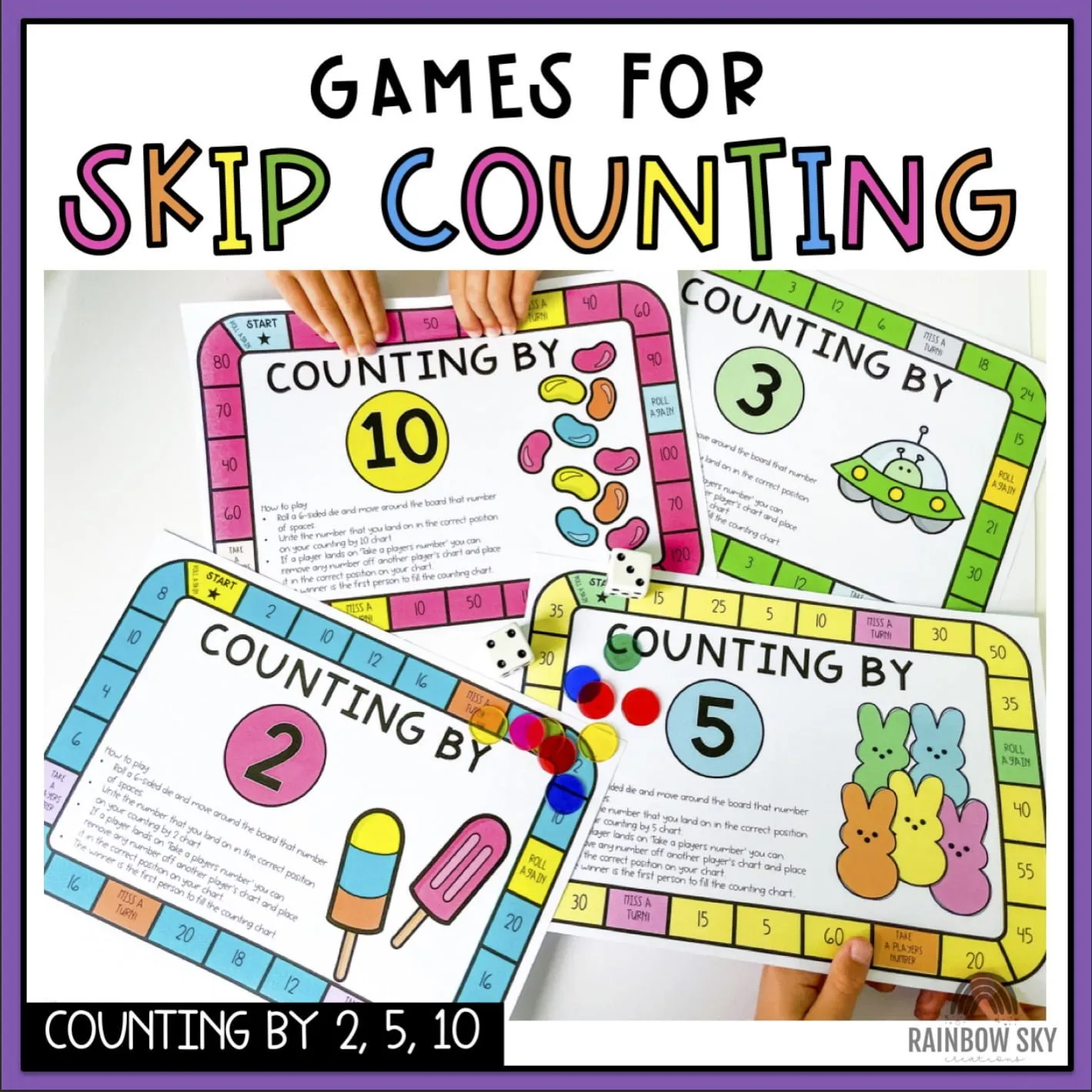 Colorful worksheet featuring skip counting exercises designed for first graders