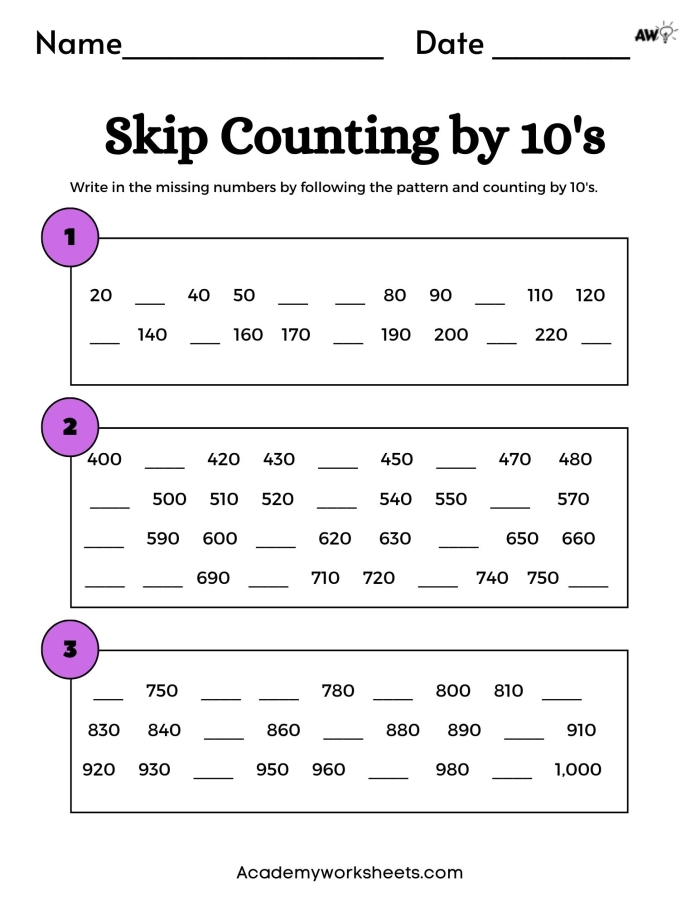 Kindergarten worksheet featuring groups of ten objects for students to practice skip counting in life science