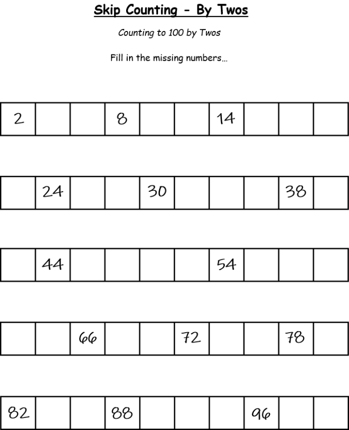 Worksheet for second graders focused on skip counting skills