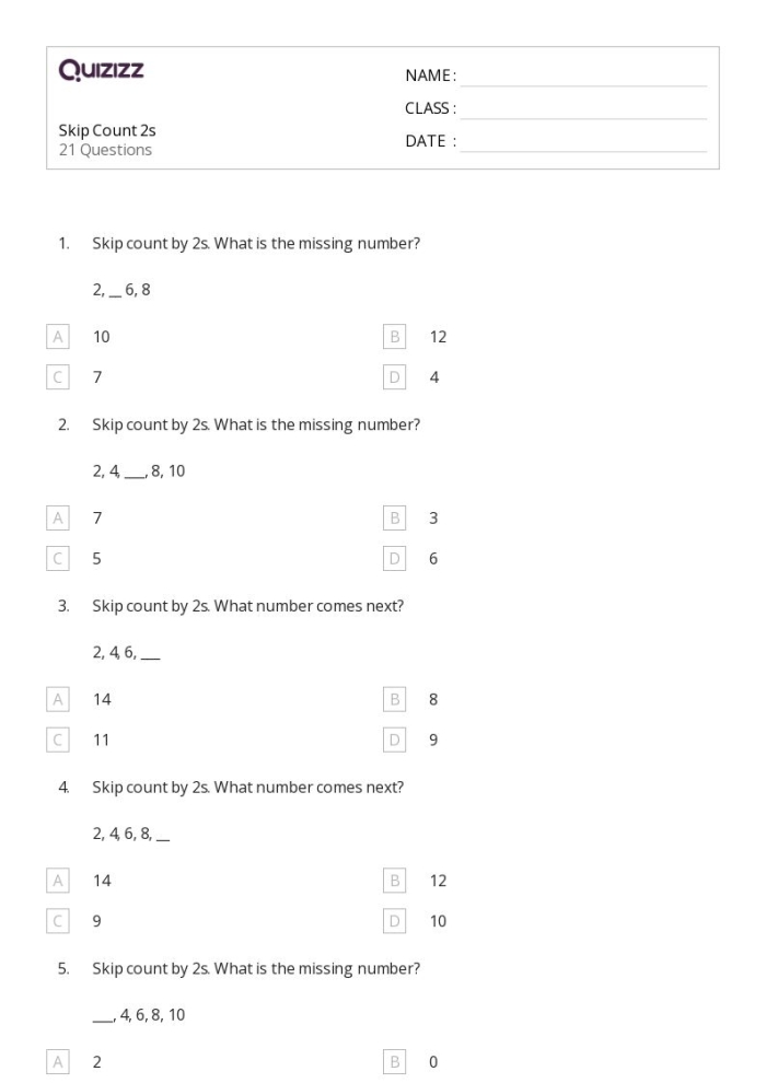Second grade math worksheet featuring skip counting by twos exercises for students