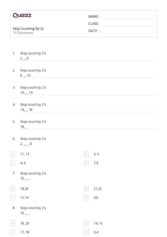 Second grade math worksheet featuring skip counting by twos exercises for students