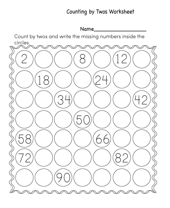 Second grade math worksheet featuring a skip counting by twos number sequence activity