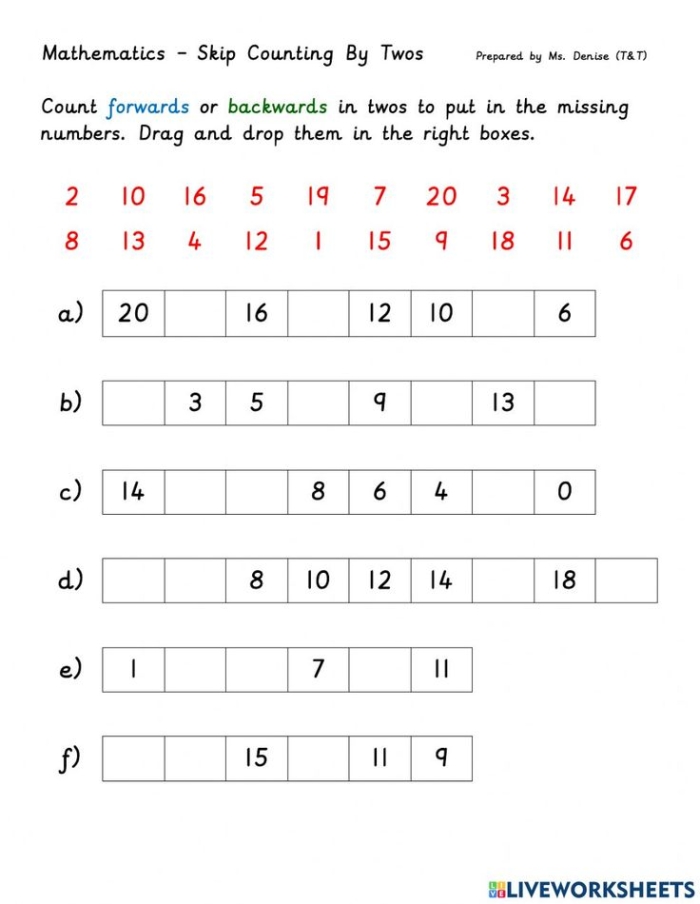 Second grade math worksheet featuring skip counting exercises by twos for students