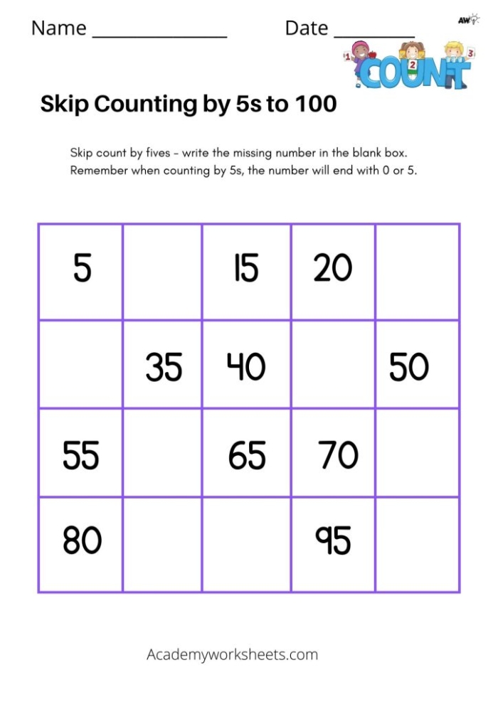 Skip counting worksheet for first graders, designed to enhance number sense and multiplication skills