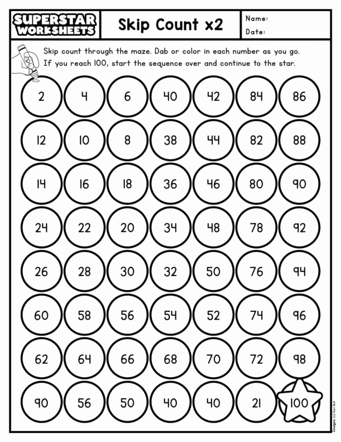 Colorful worksheet for first graders focused on skip counting practice to enhance number sense