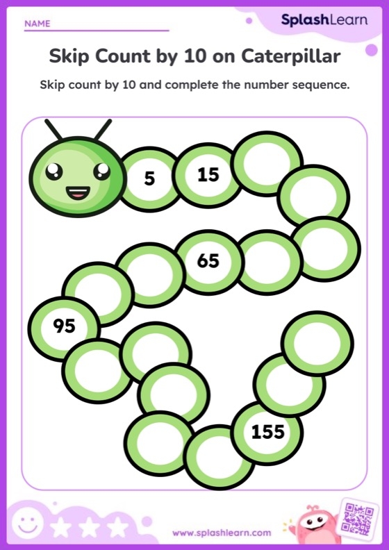 Skip Counting by 10 worksheet for kindergarten students featuring colorful visuals of groups of ten items