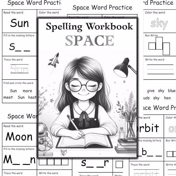 Worksheet featuring missing letters for celestial words in a Pre-K reading activity