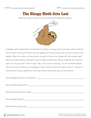 A colorful worksheet featuring the story of The Sleepy Sloth Gets Lost for kindergarten geometry students