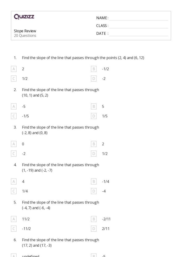 Slope Review Points Worksheet Image 22 for finding slope from coordinate pairs Eighth grade math worksheet showing slope calculation problems using coordinate point pairs for algebra practice