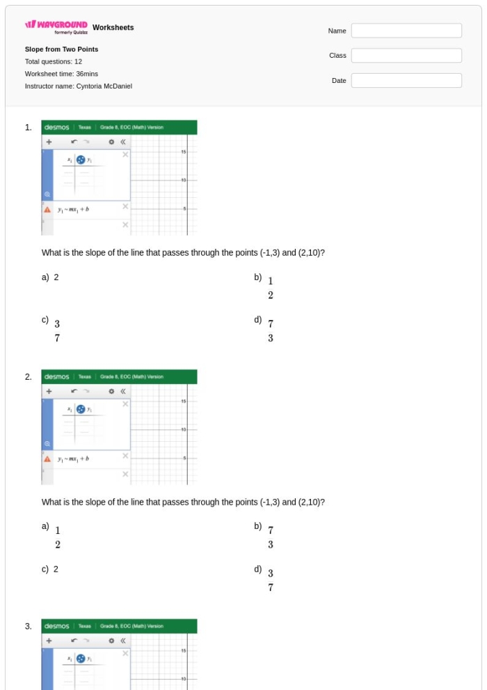 Eighth grade student solving slope problems using the slope formula with two coordinate points on a worksheet