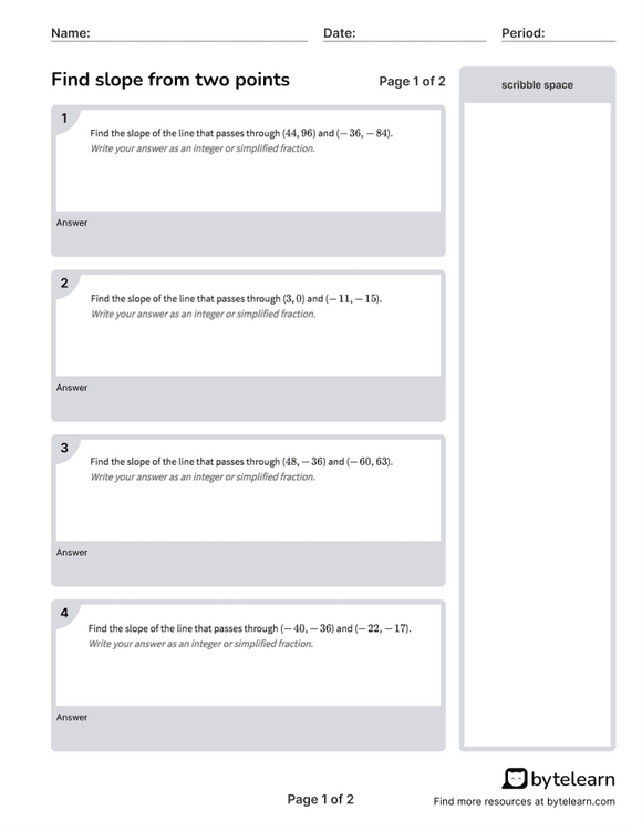 Eighth grade student working through slope formula problems with coordinate points on graph paper