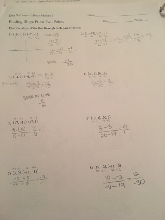 Eighth grade math student solving for slope using the formula on a practice worksheet