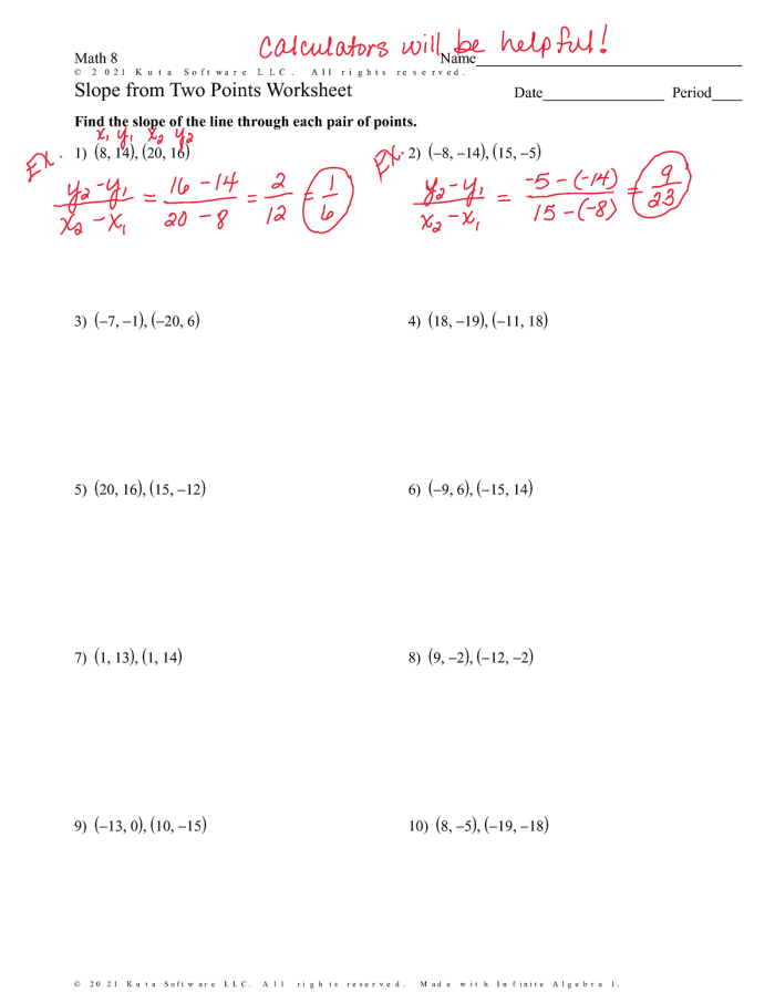 Finding Slope From Two Points Practice Worksheet Number 19 Eighth grade algebra worksheet for practicing how to calculate slope using two coordinates