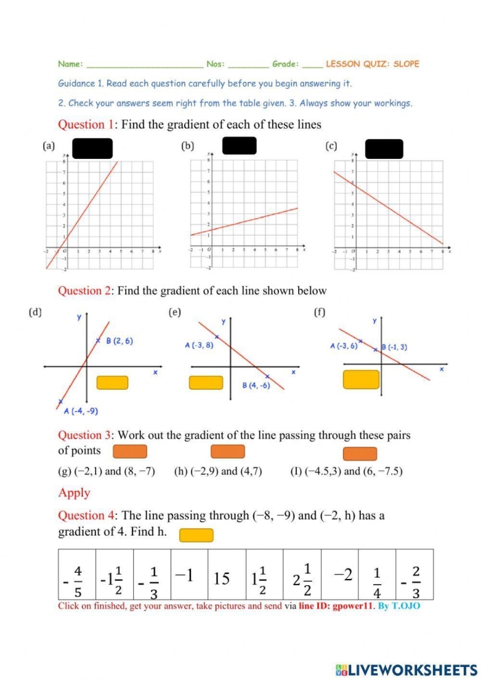 Eighth grade math worksheet showing a coordinate plane for calculating the slope of a line from a graph