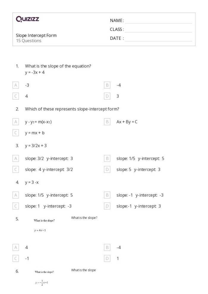Worksheet depicting students practicing writing equations in slope-intercept form from various graphs and tables. Eighth-grade algebra review worksheet on slope-intercept equations.