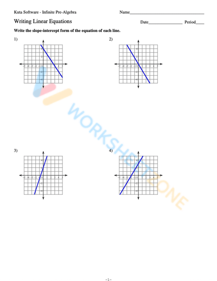 Write Equations in Slope-Intercept Form From Graphs Worksheet 21 Eighth grade algebra worksheet for writing linear equations in slope-intercept form from graphed lines