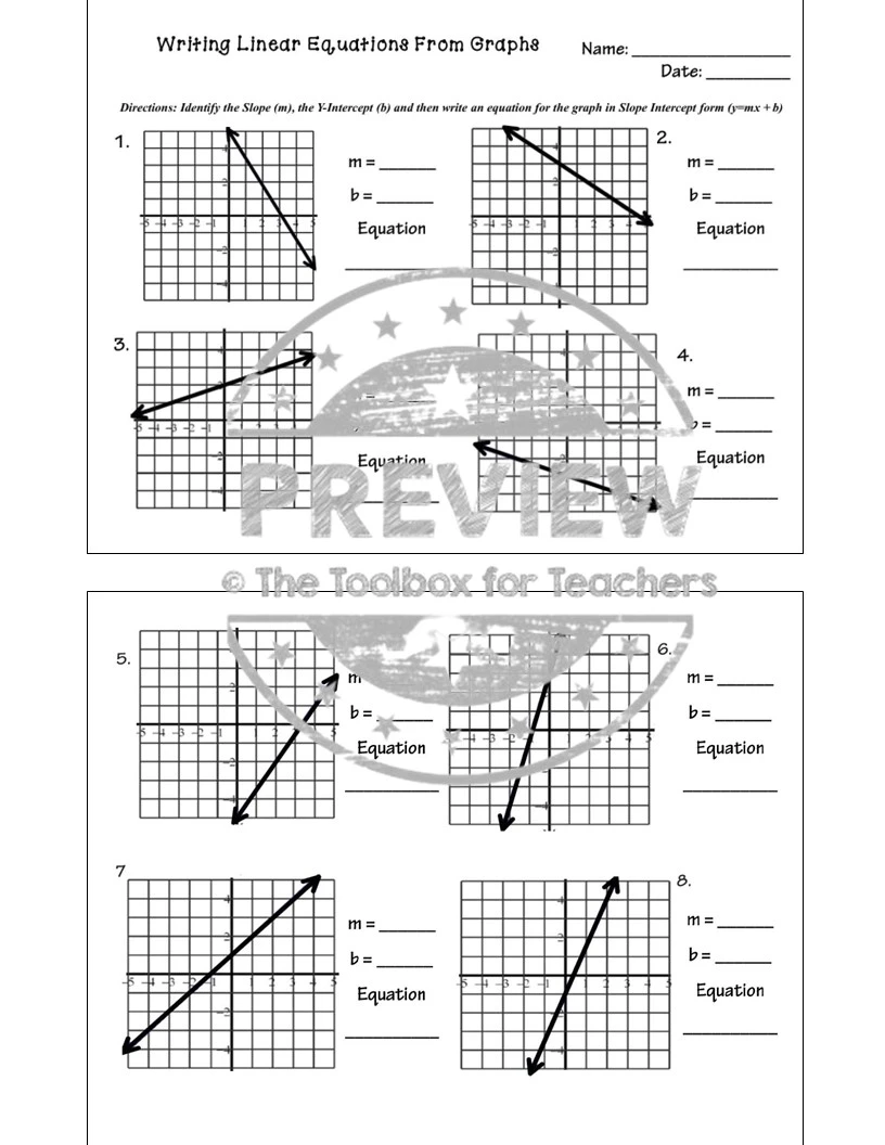 Write Equations in Slope-Intercept Form From Graphs Worksheet 16 Eighth grade algebra worksheet for writing linear equations in slope-intercept form from graphed lines