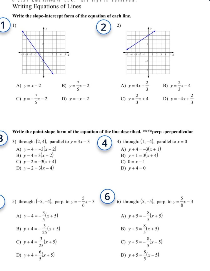 Eighth grade math worksheet showing a table of x and y values used to write linear equations in slope-intercept form