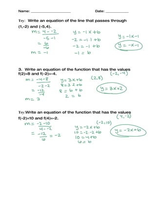 Eighth grade math worksheet showing a table of x and y values with steps to find slope and write the equation in slope-intercept form