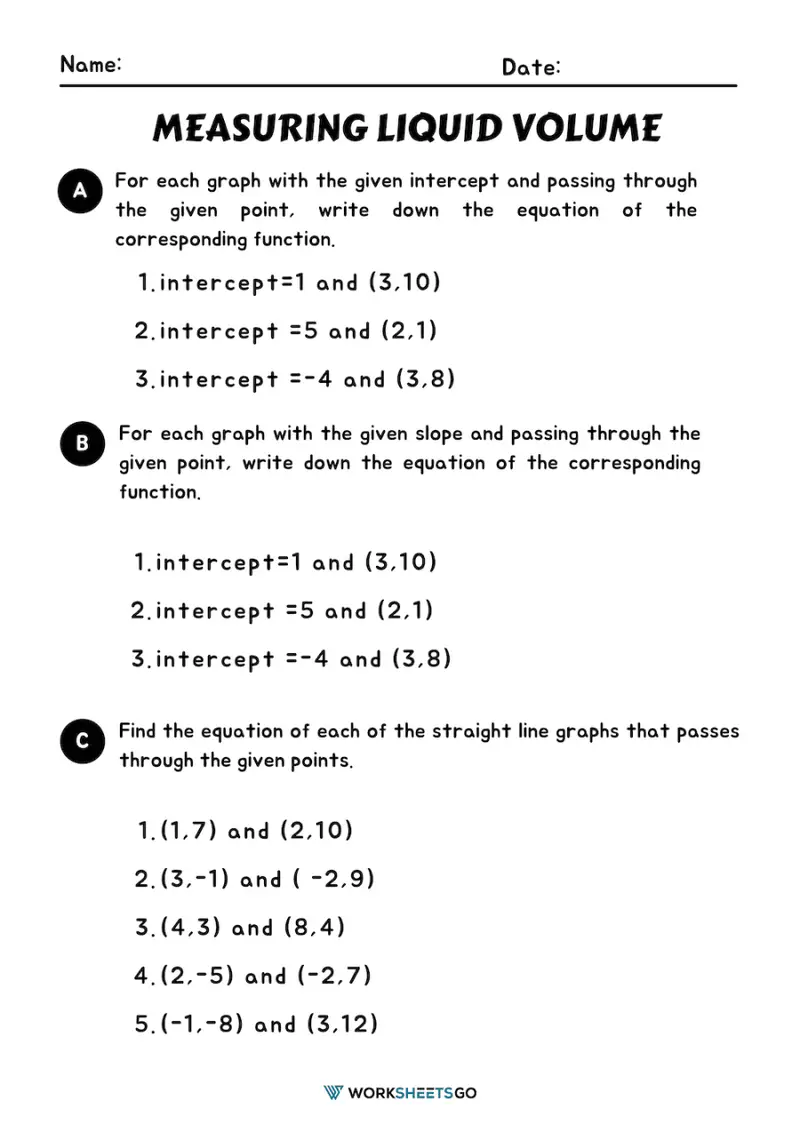 Eighth grade math worksheet showing tables for students to practice writing linear equations in slope-intercept form
