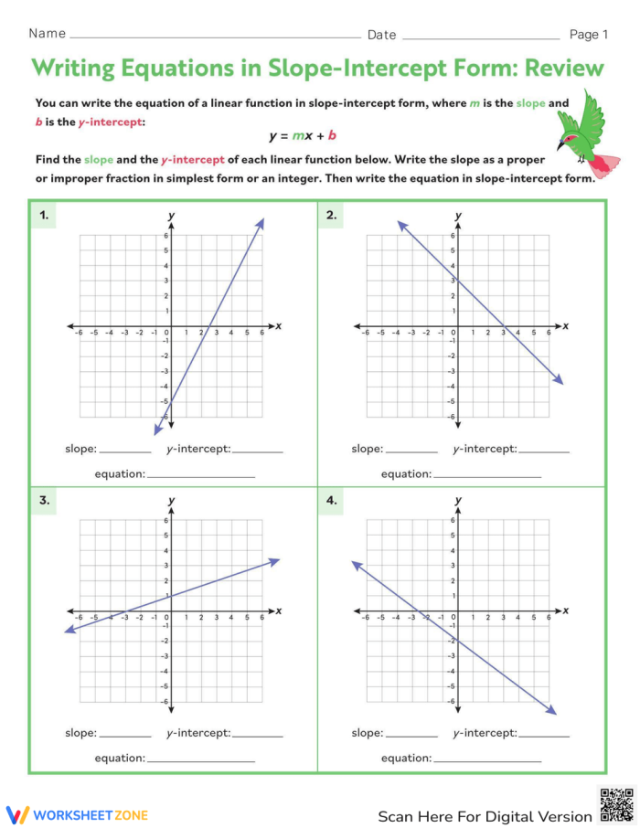 Eighth grade math worksheet showing a data table with x and y values for practicing slope-intercept form equations