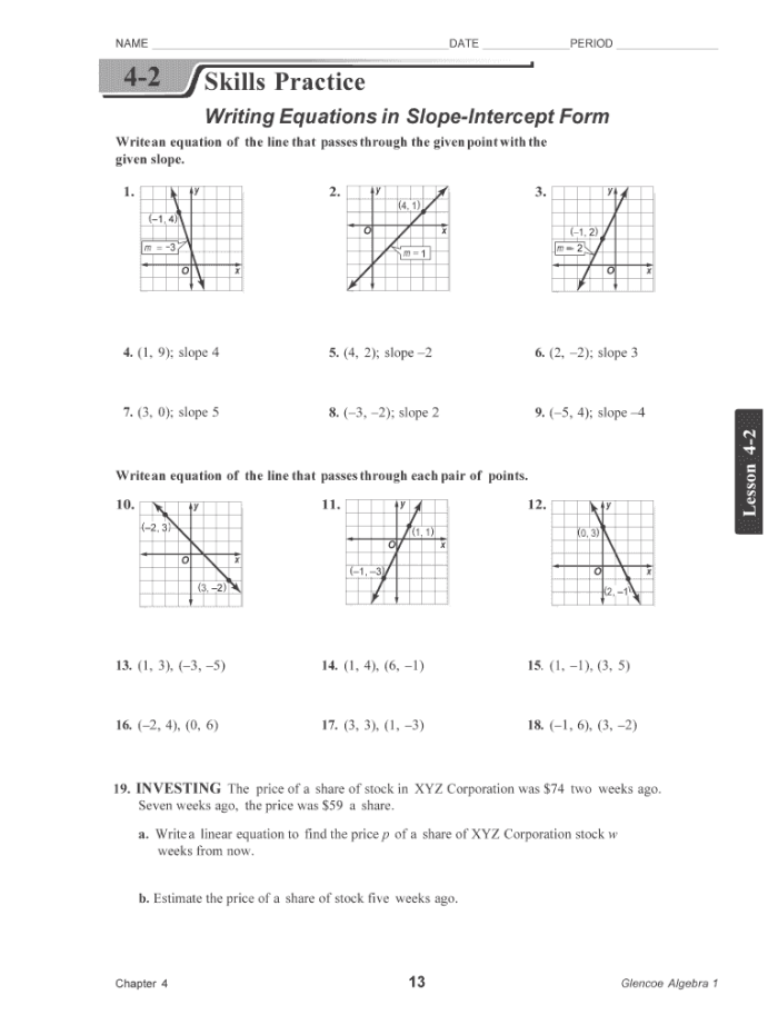 Writing Equations in Slope-Intercept Form From Graphs Worksheet 12 Eighth grade math worksheet showing linear equations on a coordinate plane for slope-intercept practice