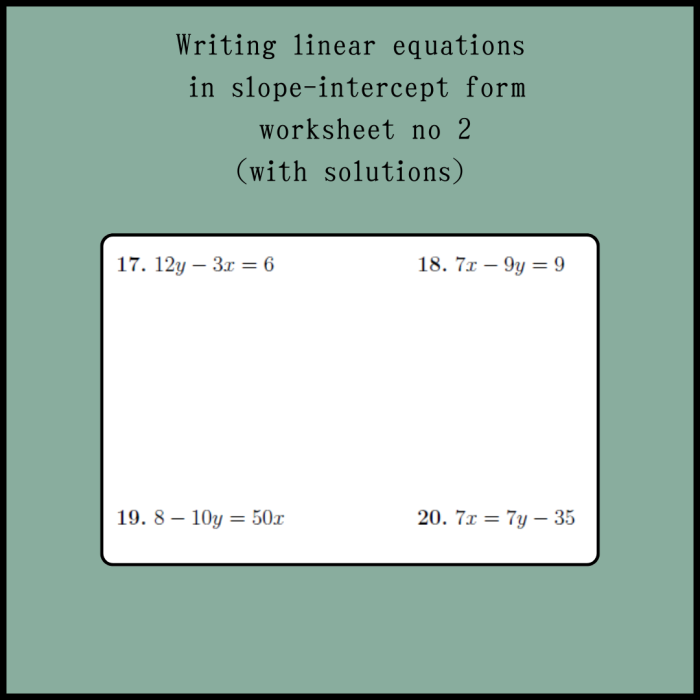 Eighth grade algebra worksheet example 19 demonstrating how to determine slope-intercept equations from plotted lines A coordinate plane graph showing a linear line with labeled slope and y-intercept for writing slope-intercept form equations